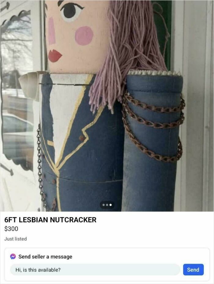 Unusual online listings showing a 6ft nutcracker with purple yarn hair and chained arms for sale.