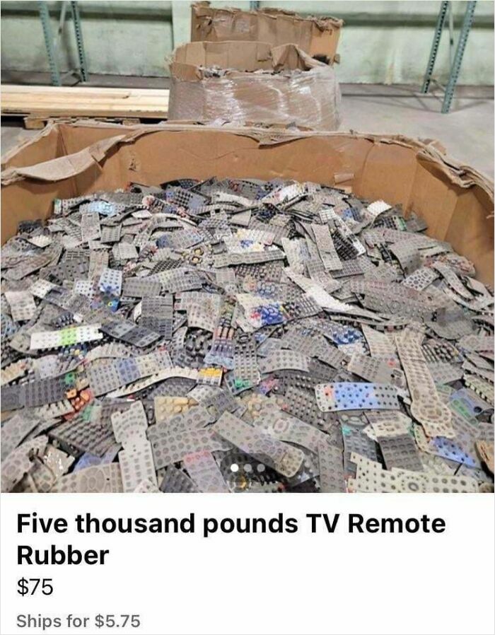 Large box filled with thousands of TV remote rubber button sheets for sale among bizarre online listings.