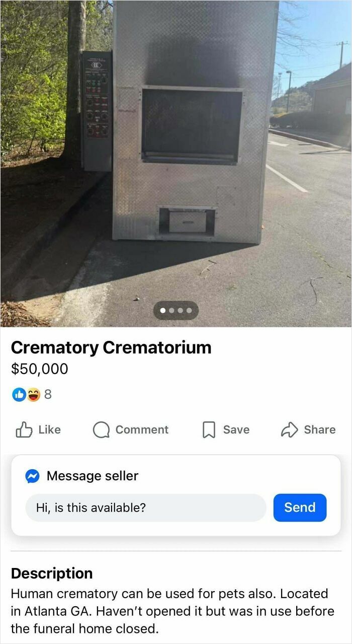 Large crematory crematorium machine for sale online as a bizarre listing in unusual items people are selling.