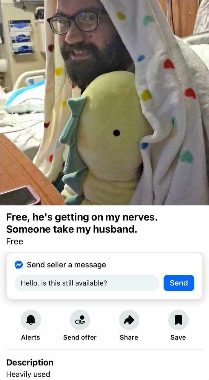 Man with glasses wrapped in a polka dot blanket holding plush toy, part of bizarre things people are selling online listings.