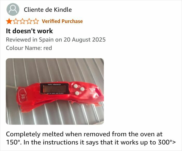Customer review showing a failed product melted after heat exposure, related to hilarious Amazon reviews and eyeliner keywords.