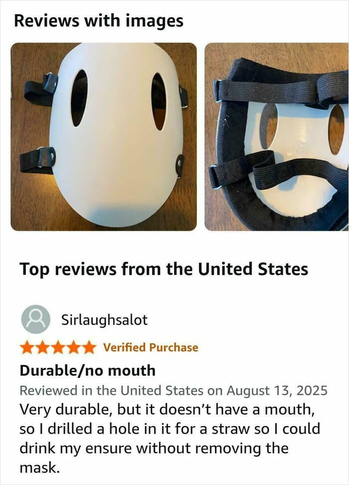 Amazon review screenshots showing a durable mask with straps and a creative customer hack to add a drinking hole.