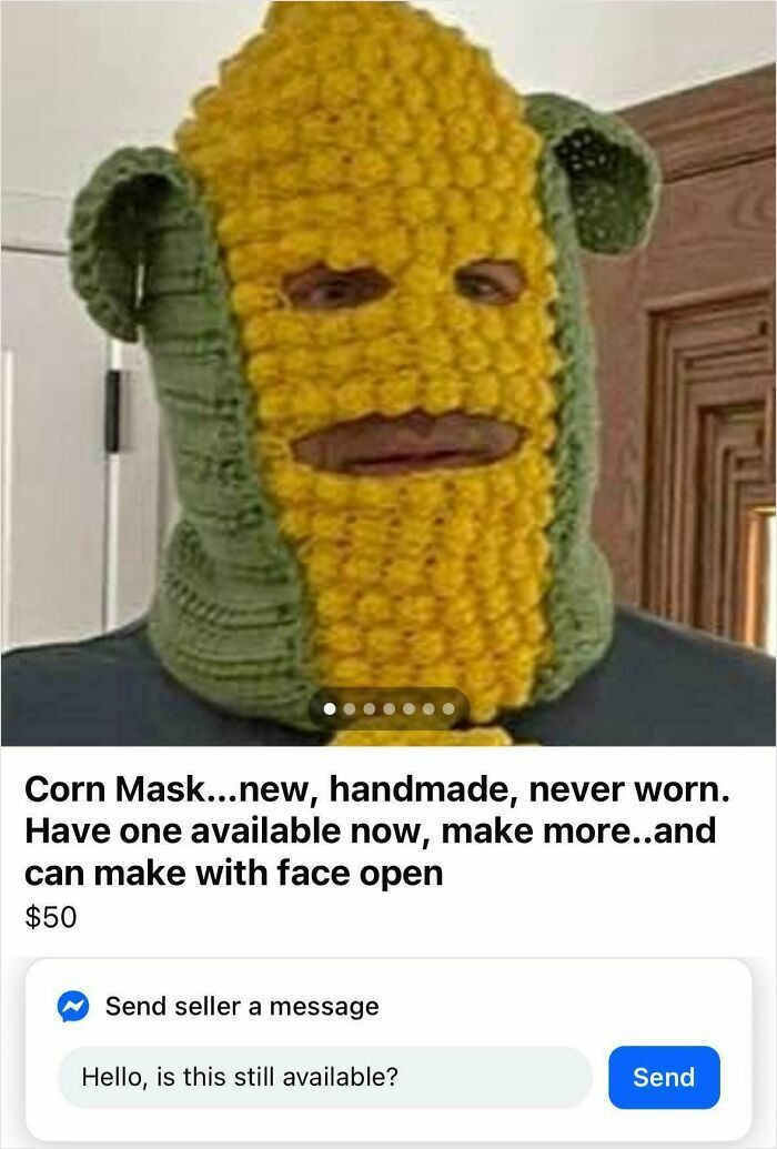 Person wearing a handmade crocheted corn mask showing one of the most bizarre things for sale online listings.