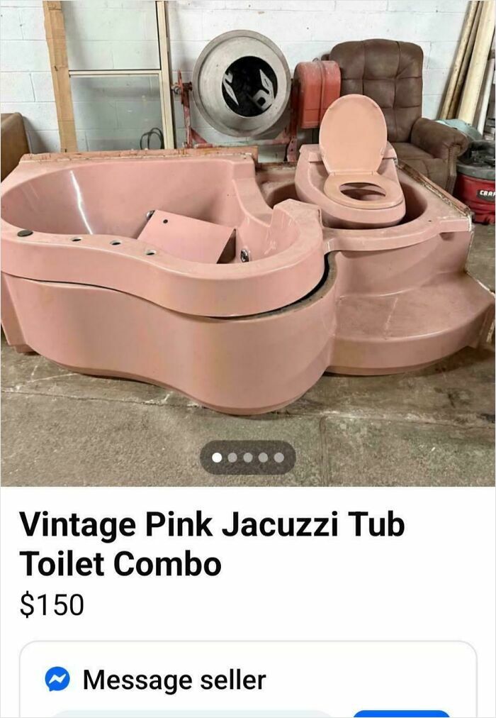 Vintage pink Jacuzzi tub and toilet combo listed for sale, showcasing bizarre things people are selling online.
