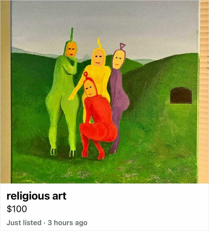 Painting of four bizarre humanoid figures in colorful outfits standing on green hills, unusual things for sale online.
