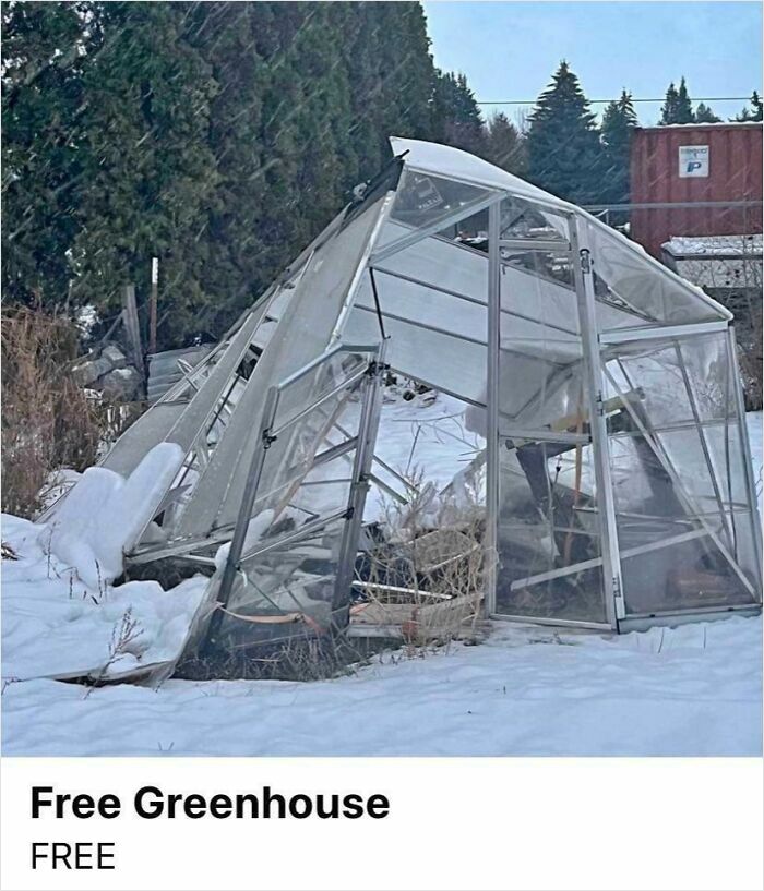 Broken greenhouse for sale outdoors in snow, an example of bizarre things people are selling online listings.
