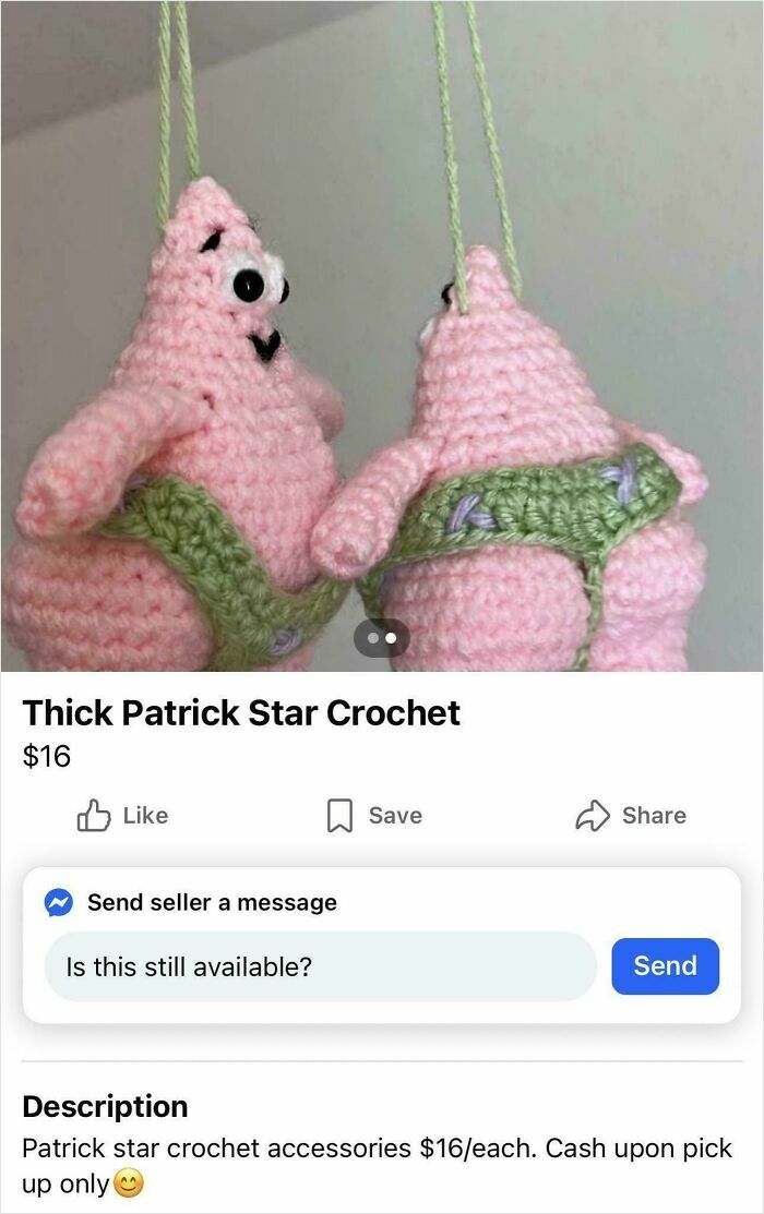 Two bizarre thick Patrick Star crochet figures hanging by strings, listed for sale as unusual online items.