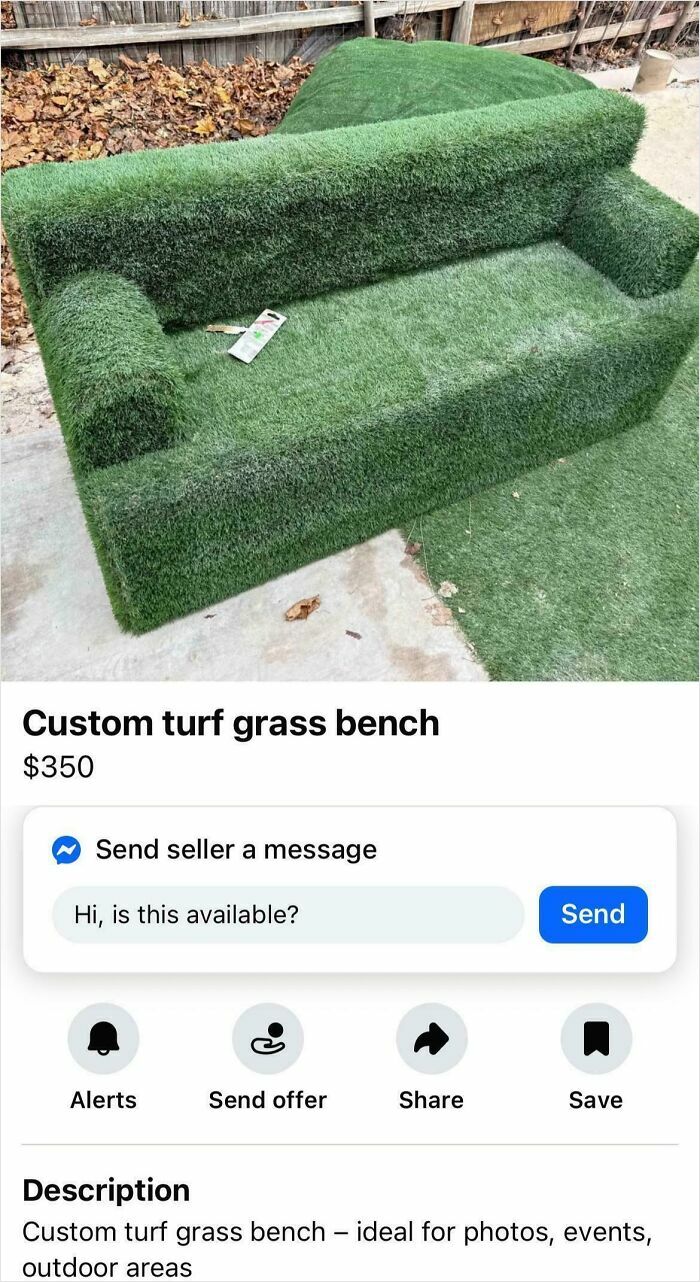 Custom turf grass bench outdoors with unique bizarre listing for sale among wild online items.