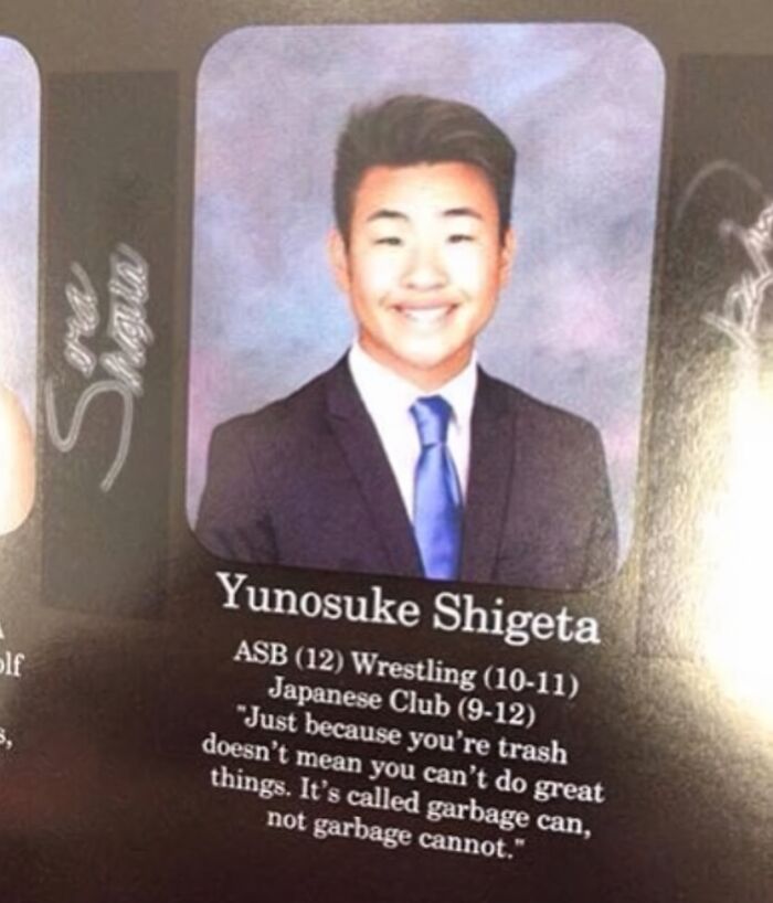 Smiling young man in suit and tie sharing funny pieces of advice with a humorous twist in a formal yearbook photo.