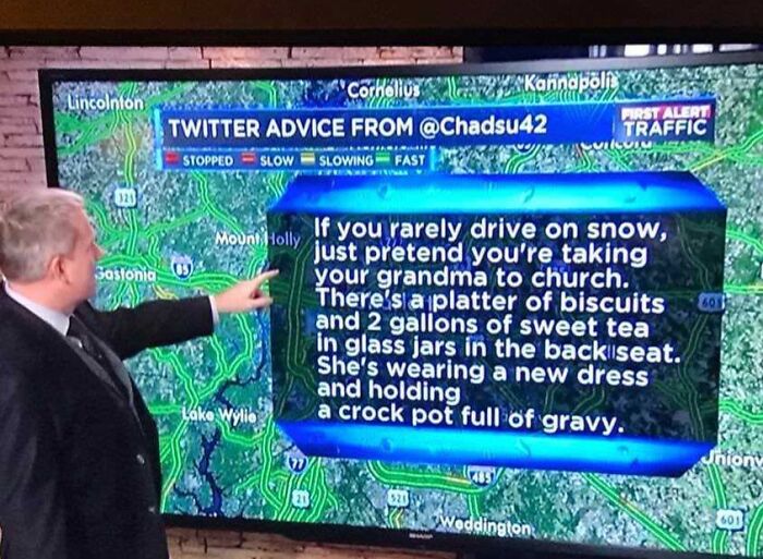 Weather reporter pointing to a humorous Twitter advice about driving on snow, featured in funny pieces of advice content.