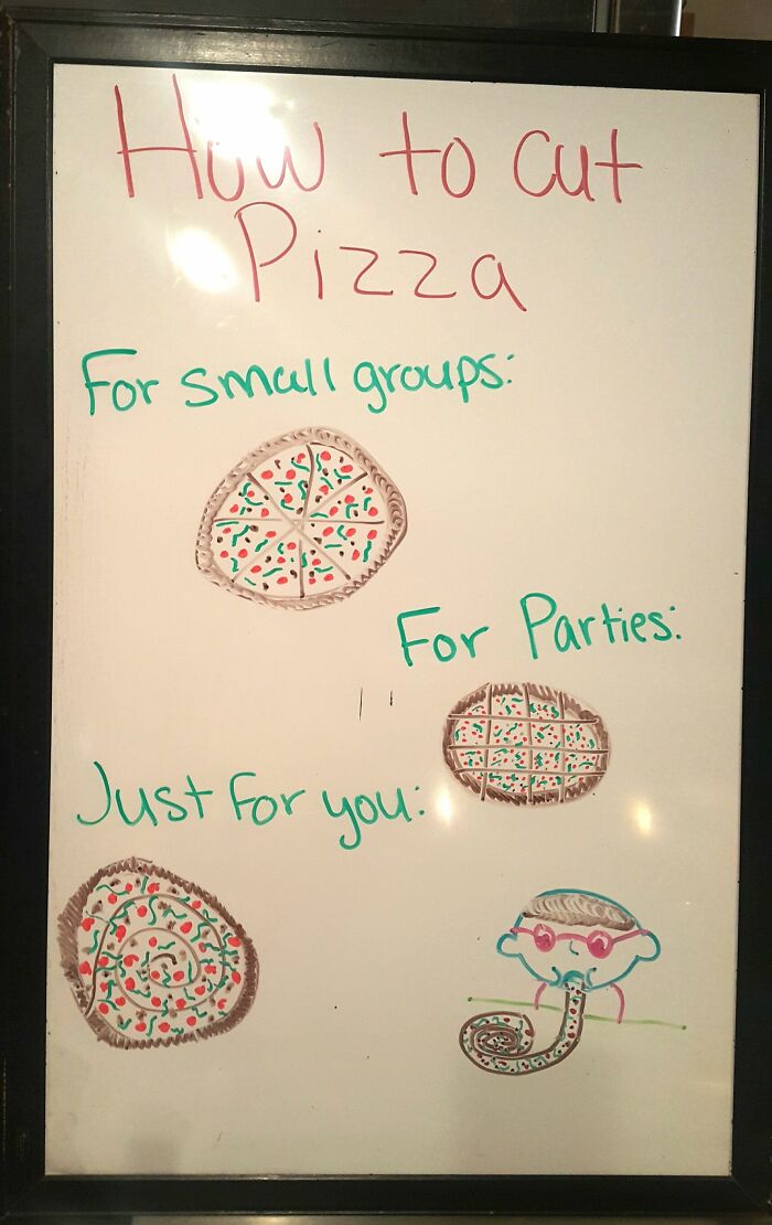 Whiteboard showing funny pieces of advice on how to cut pizza for small groups, parties, and just for you.