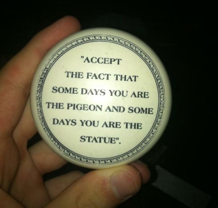 Hand holding a round token with funny advice about being the pigeon or the statue, reflecting humorous pieces of advice.