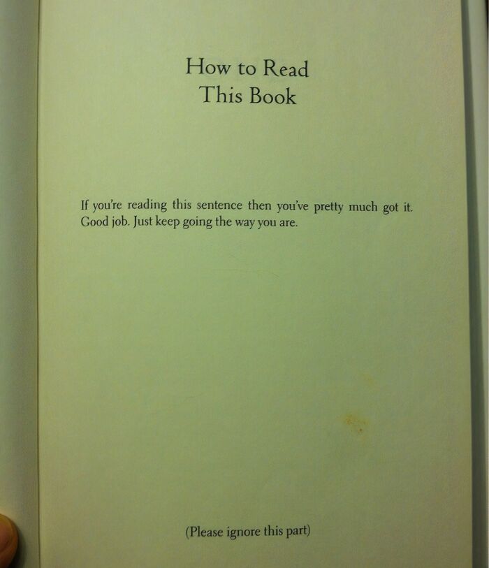 Page in a book showing funny pieces of advice with a humorous instruction on how to read the book.