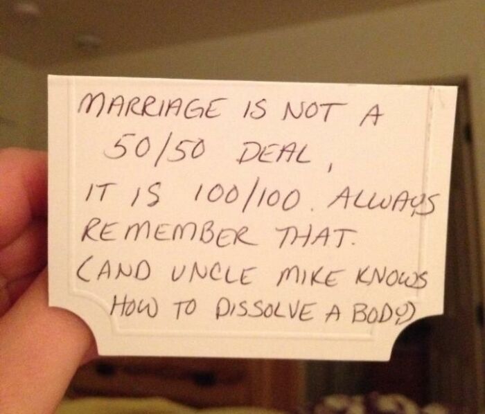 Handwritten funny piece of advice about marriage and Uncle Mike’s unusual skill, related to funny pieces of advice.