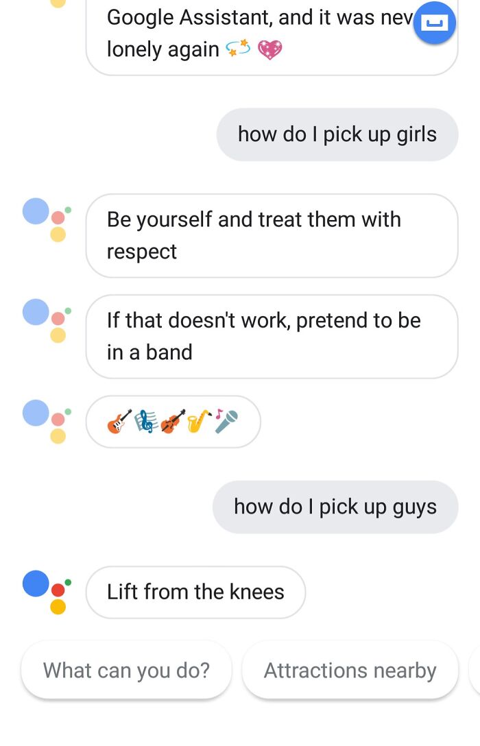 Chat with Google Assistant giving funny pieces of advice on how to pick up girls and guys in a humorous text exchange.