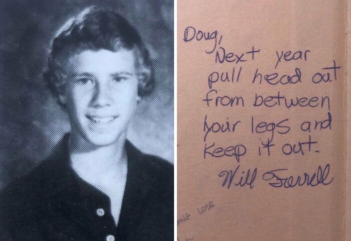 Black and white yearbook photo of a young man with a handwritten funny piece of advice for humor and fun.