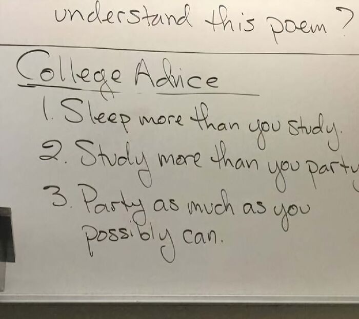 Whiteboard with funny college advice written in black marker, showing humorous and kinda useless pieces of advice.