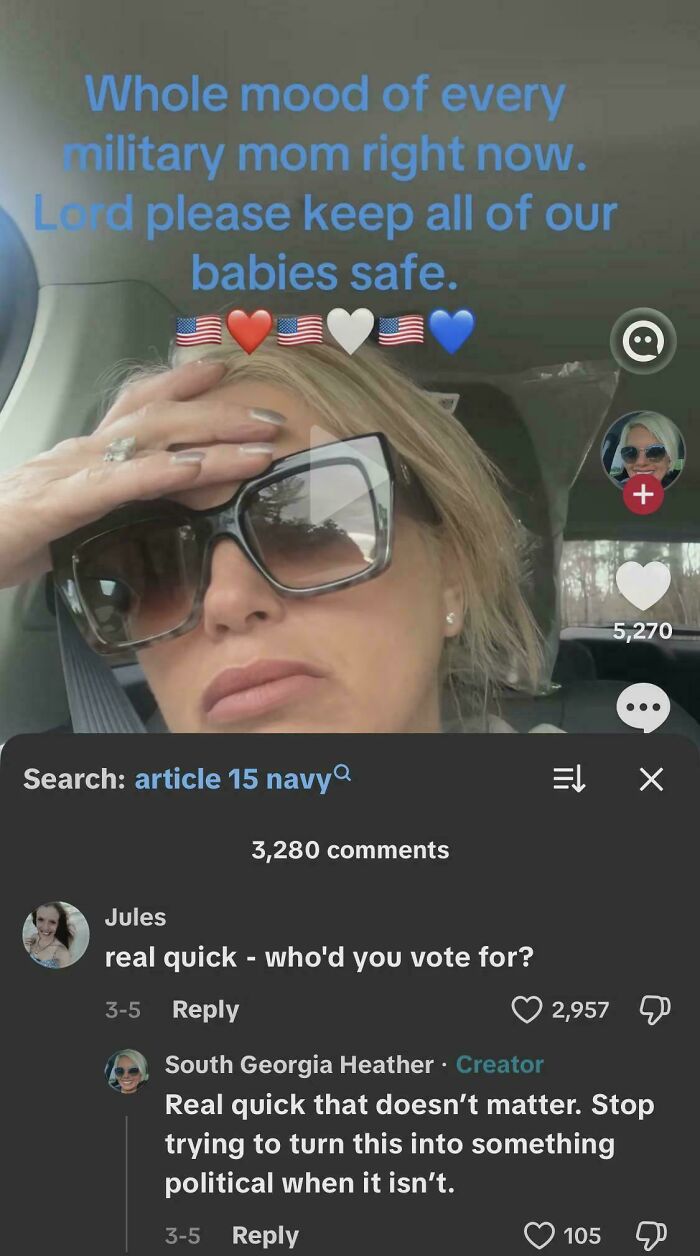 A chaotic good post from real life showing a military mom worried, with flags above her head for safety.