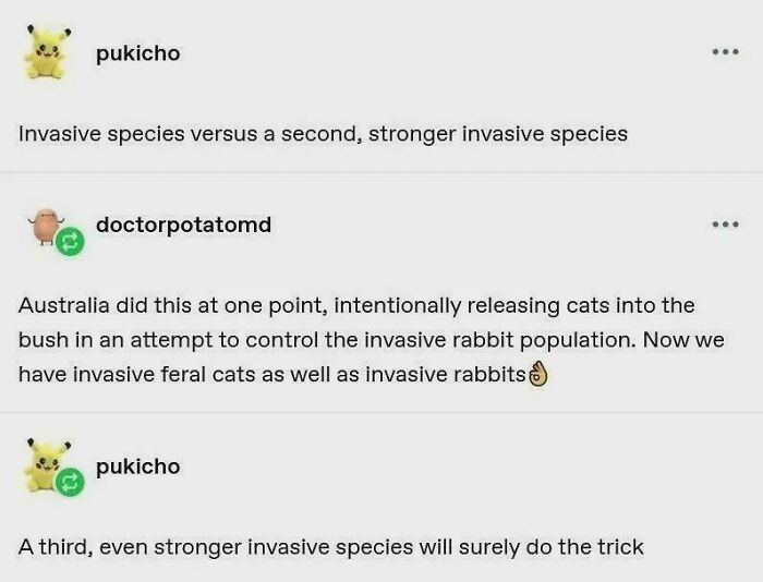 A history meme illustrating Australia's invasive species problem with cats and rabbits.
