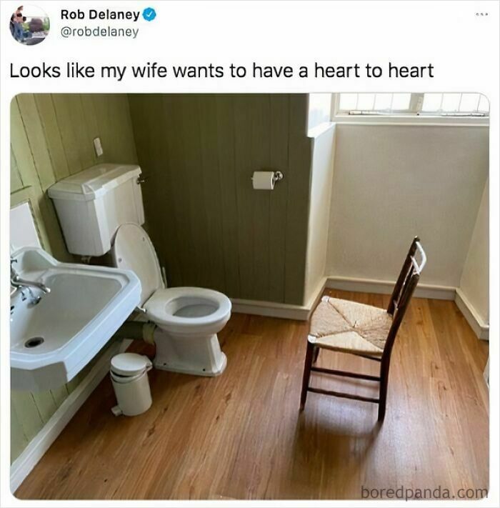 Bathroom with a chair facing a toilet and sink, humorous romantic relationship meme about heart to heart conversation.
