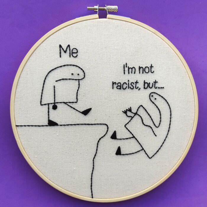 A chaotic good post showing an embroidery hoop with two stick figures, one pushing the other off a cliff.
