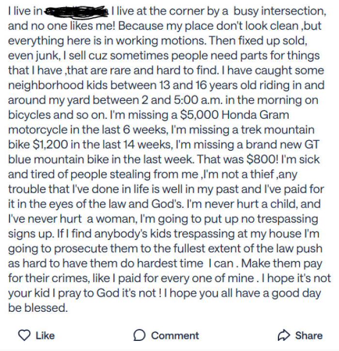 Wild neighborhood online community screenshot from a resident complaining about stolen bikes and trespassing kids.