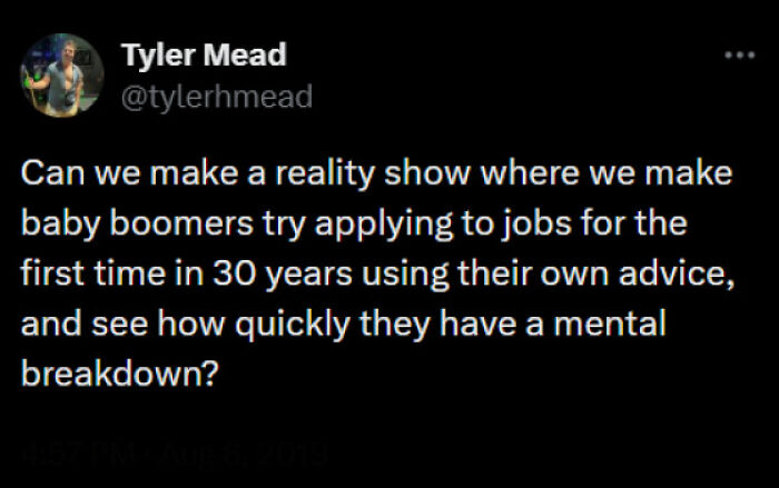 A tweet suggesting a reality show where baby boomers apply for jobs, showcasing recruiting hell.
