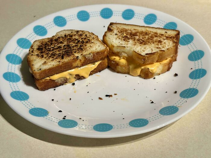 Toasted grilled cheese sandwiches with melted cheddar cheese on patterned plate