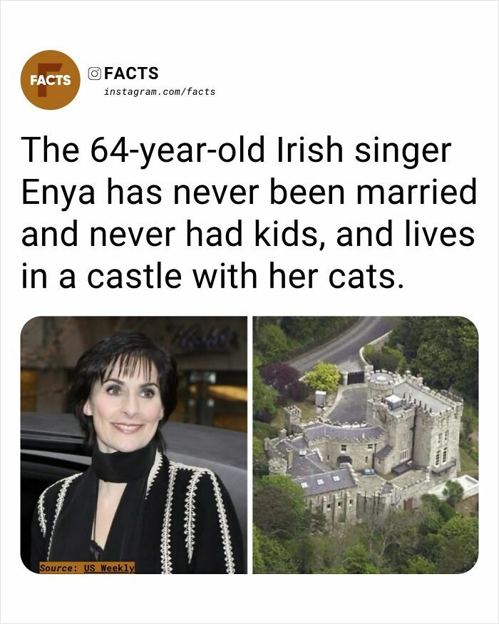Irish singer Enya, aged 64, lives in a castle with her cats, highlighting interesting brain-care facts for daily enlightenment.