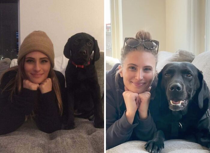 A young woman and her black lab as a puppy and grown-up, showing precious photos of pets who have grown up.