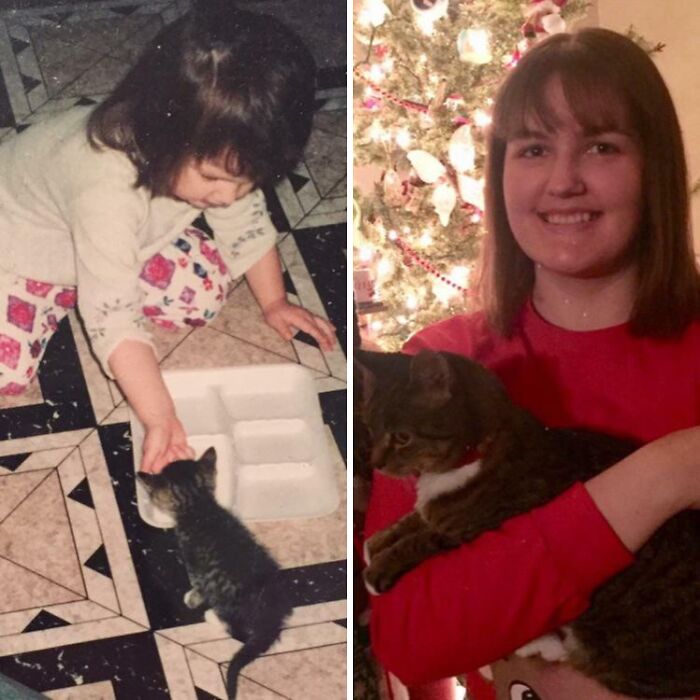 Two photos show a girl with her pet cat, from childhood to adulthood. Precious photos of pets who have grown up with owners.