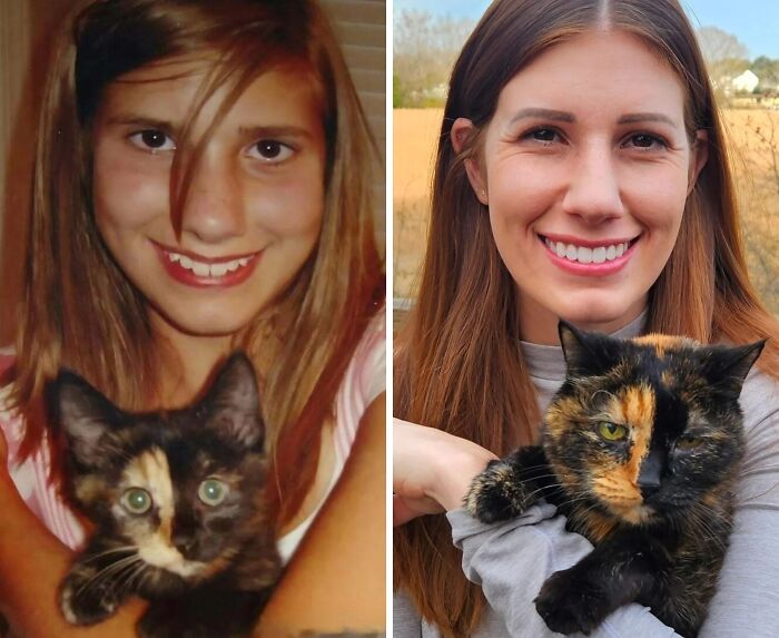 Two photos of an owner and her pet, a tortoiseshell cat, showing them grown up together over the years. Precious photos of pets.