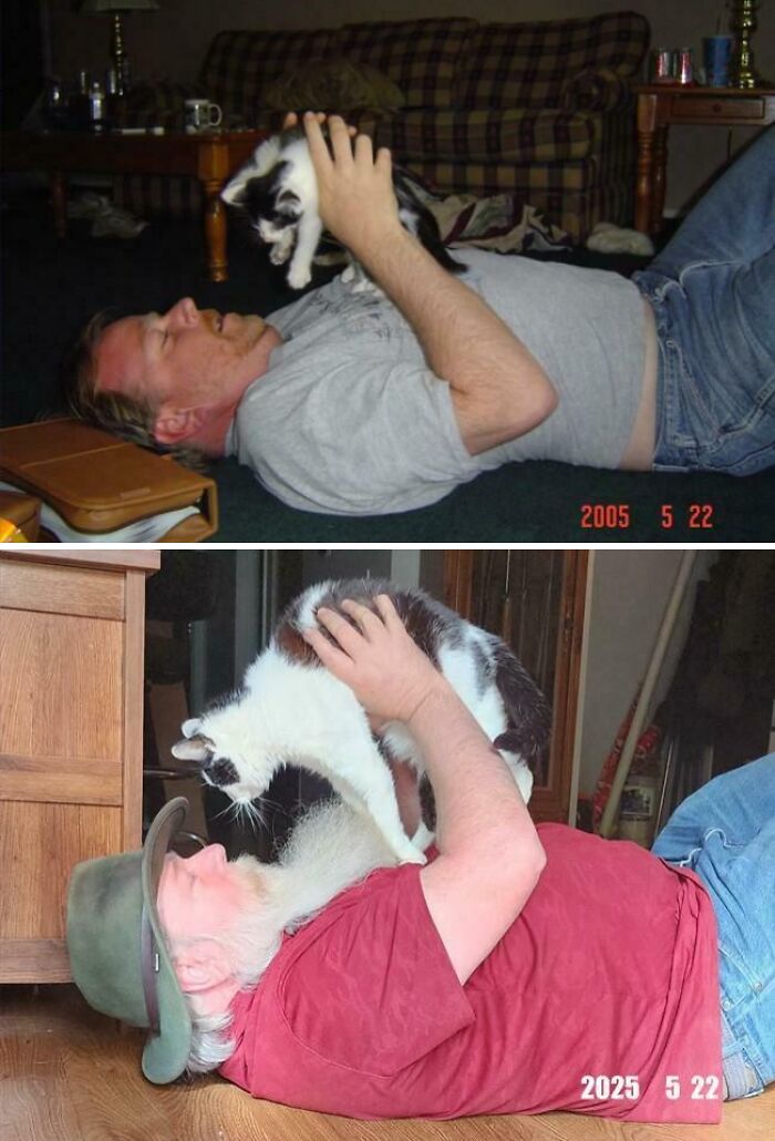 A man and his pet cat, shown years apart. The first photo shows him younger with a tiny kitten; the second, older with a full-grown cat.