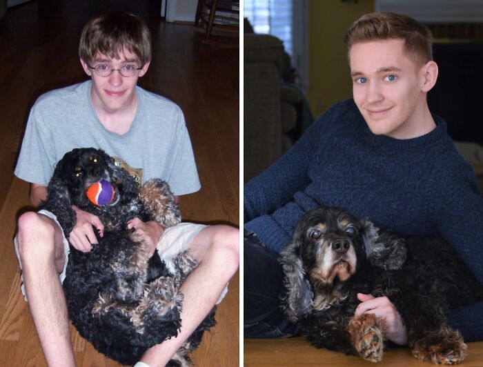 A young man and his pet dog, then an adult man and his grown-up dog. Precious photos of pets growing up.