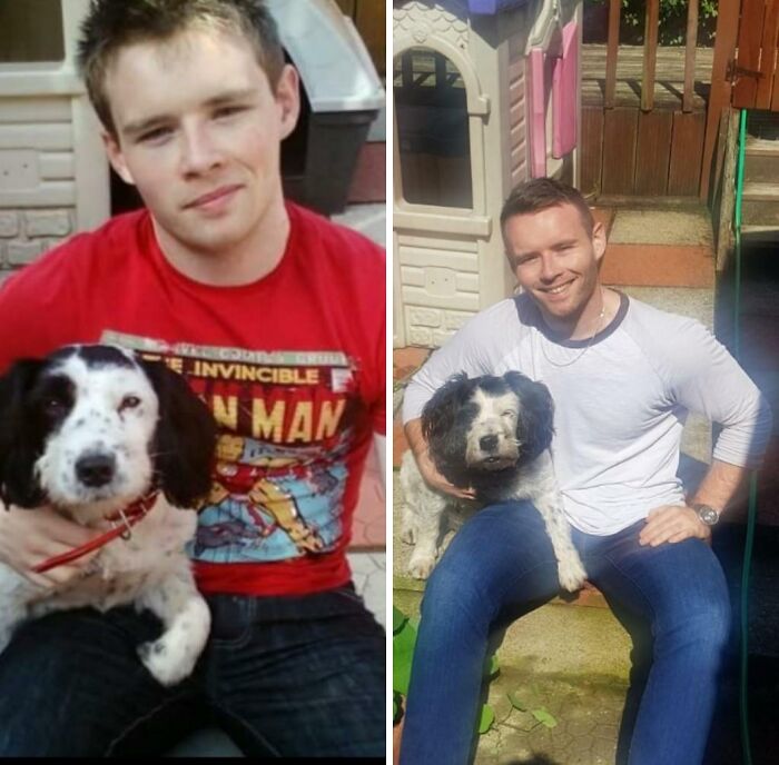 A precious photo of a man and his pet dog, growing up together from youth to adulthood.