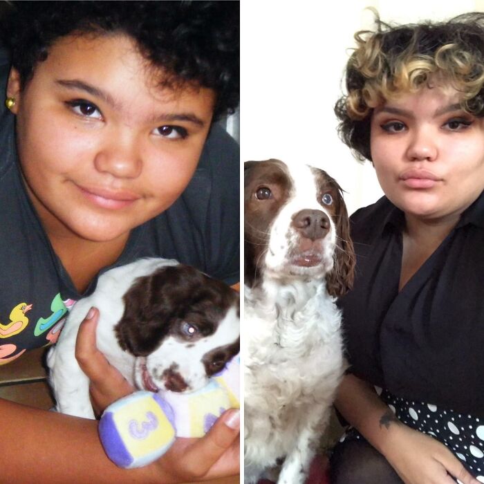 A young person holding a puppy and the same person as an adult with their grown-up pet.