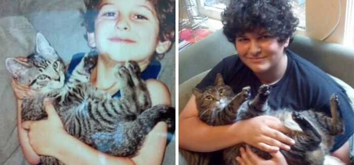 Two photos showing a boy and his pet cat growing up together, illustrating precious photos of pets.