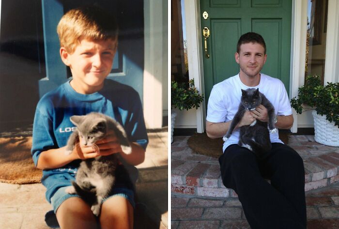 A boy and his grey kitten, then a grown man with his adult cat, showing pets growing up.