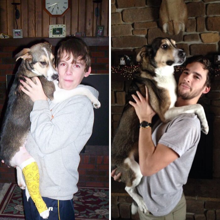 Two photos showing a boy with a leg cast holding his pet dog, and years later, the grown man holding the same grown dog. Pets who have grown up alongside their owners.
