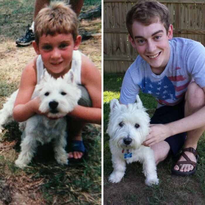 A precious photo of a boy and his Westie dog growing up together. Pets and owners bonding through the years.
