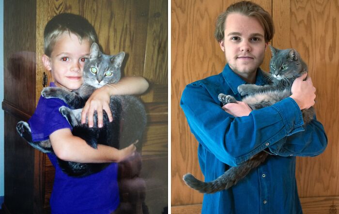 A precious photo of a boy and his pet cat, shown younger and as an adult, having grown up together.