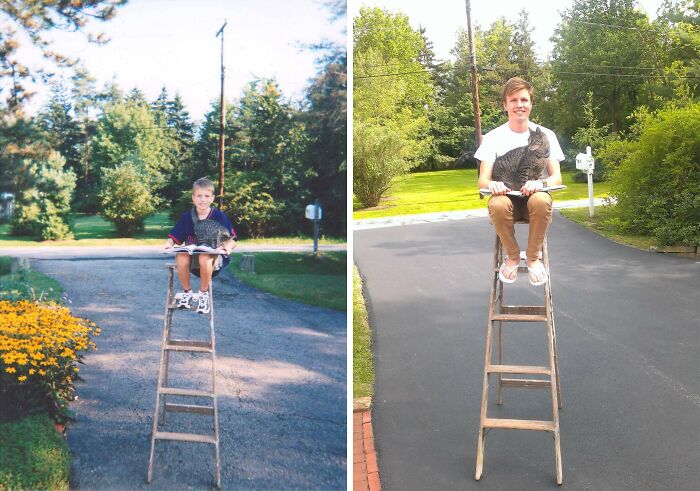 A boy and his pet cat, now an adult and his grown-up cat, sitting on a ladder in two photos side by side.