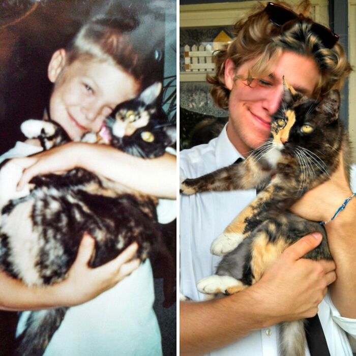 A split image showing a child holding a calico cat and then an adult man holding the same cat. Precious photos of pets who have grown up alongside their owners.