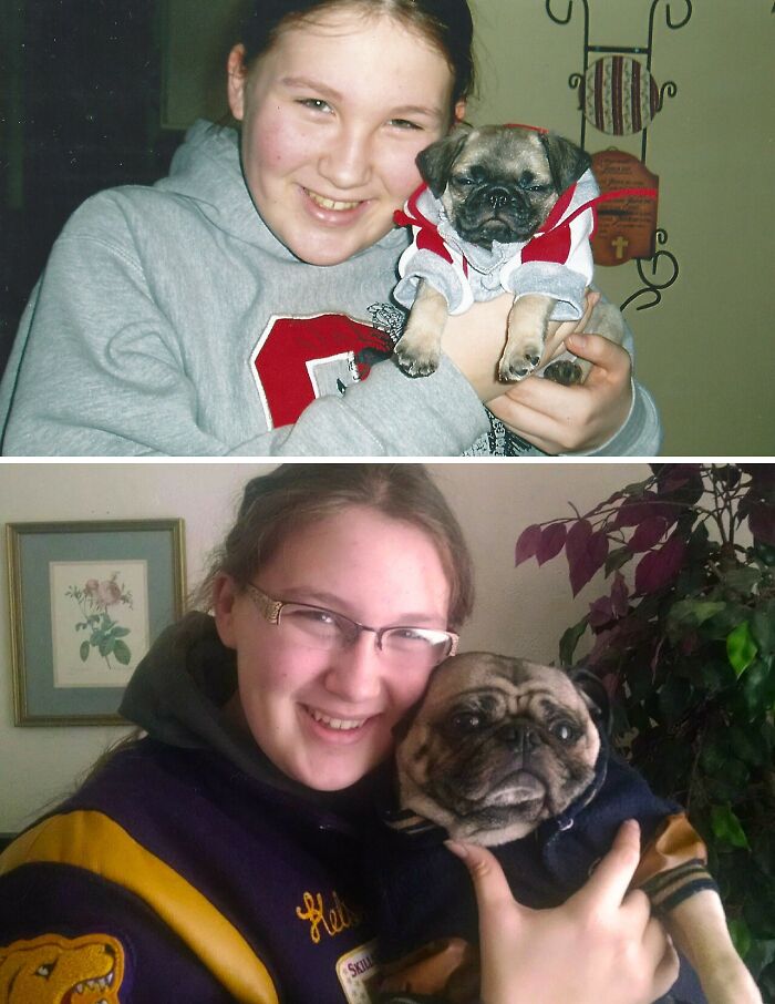 A young woman and her pug pet who have grown up together, shown in two photos from different ages. Precious photos.