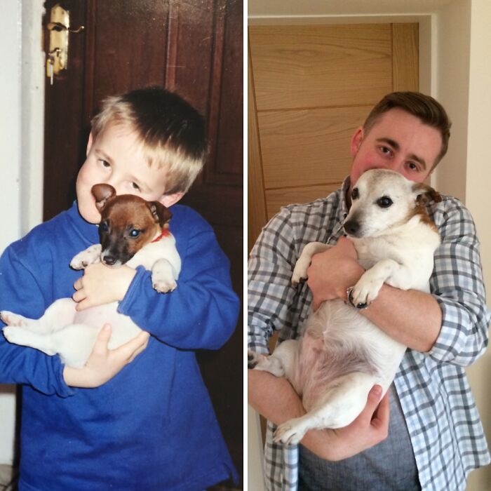 A boy and his pet dog grow up together. The left shows the boy as a child with a puppy. The right shows the man holding his grown-up dog.
