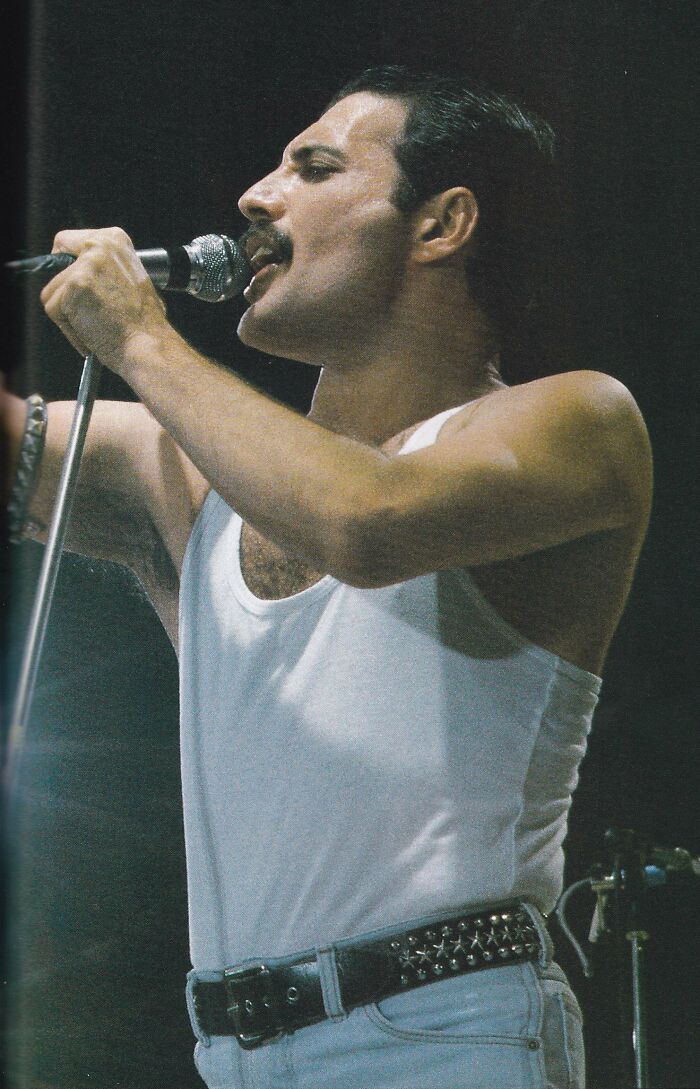 Freddie Mercury performing live on stage, capturing iconic music moments from the year you were born.