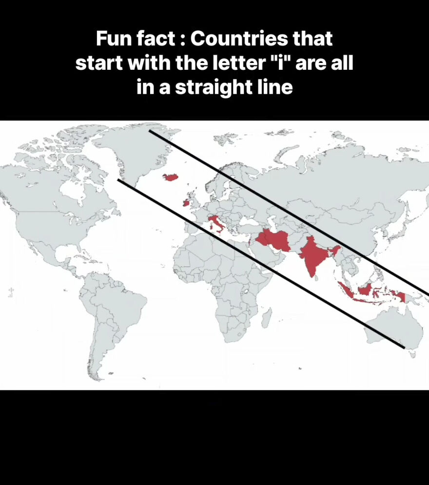 Map showing countries starting with the letter I aligned in a straight line, illustrating interesting and fun facts to surprise you.