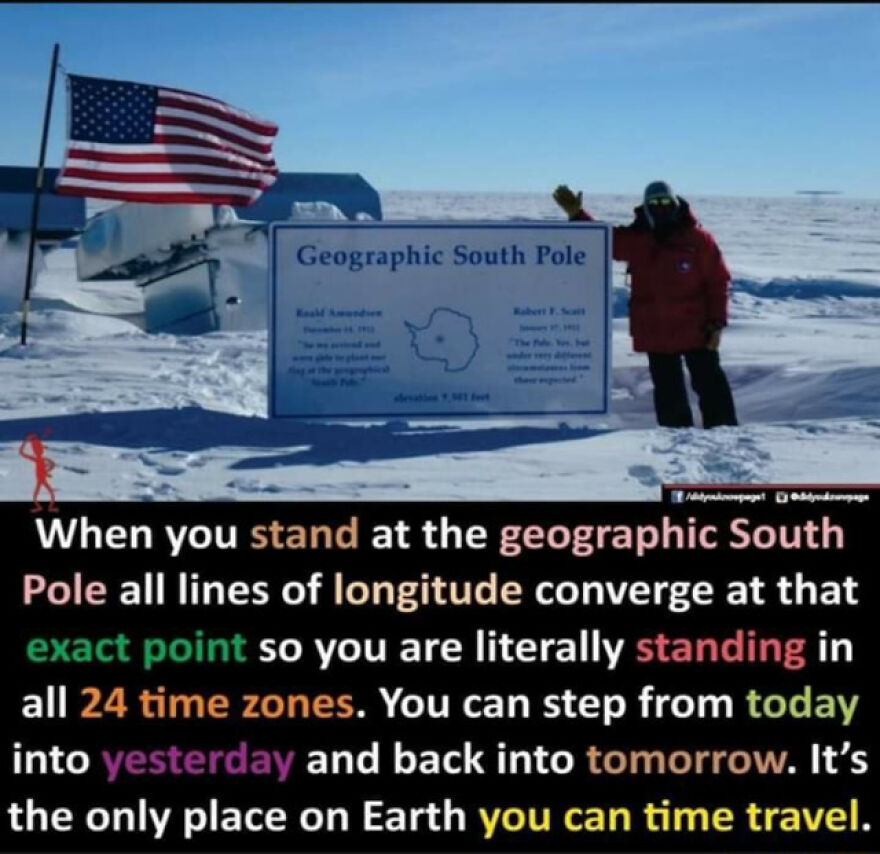 Person standing at the geographic South Pole with an American flag, illustrating fun facts about time zones and longitude convergence.