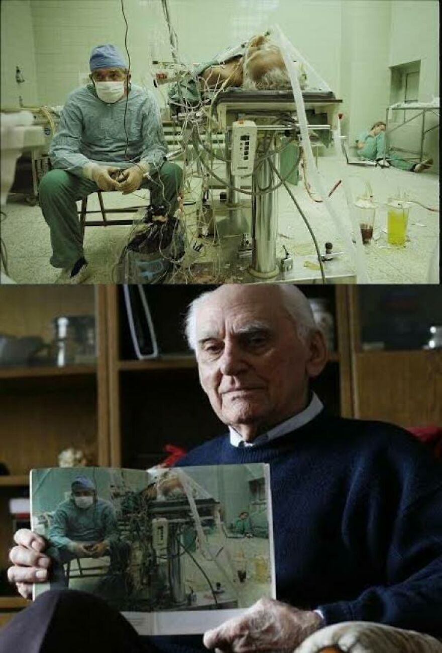 Elderly man holding a photo of a medical procedure, highlighting interesting and fun facts about surprising moments in history.