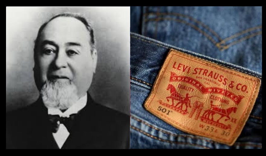 Black and white portrait of a man next to a close-up of Levi Strauss jeans label, representing fun facts and interesting learning.
